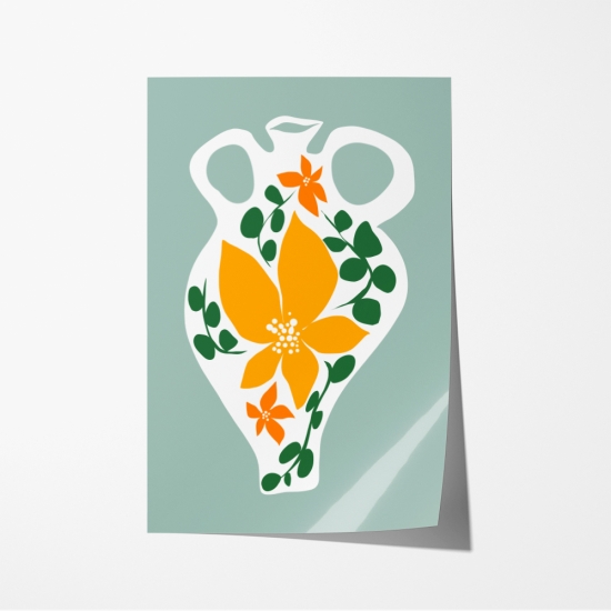 Poster de uma jarra branca com um padrão floral laranja e verde, em contraste com um fundo verde claro. 6