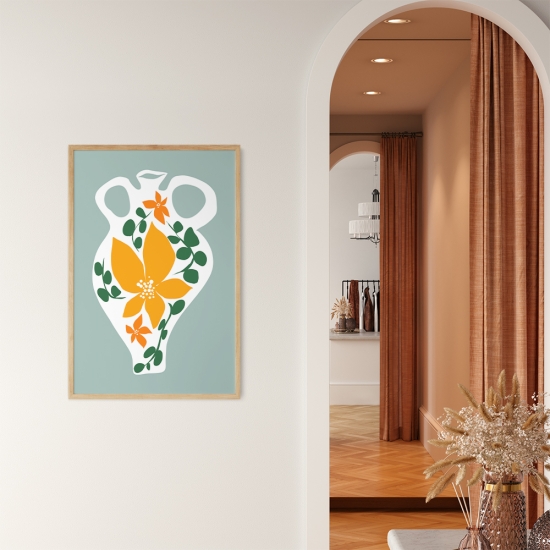 Poster de uma jarra branca com um padrão floral laranja e verde, em contraste com um fundo verde claro. 1